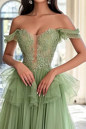Dusty Sage Tyll Off the Shoulder A-linje lang ballkjole med blondeapplikasjoner